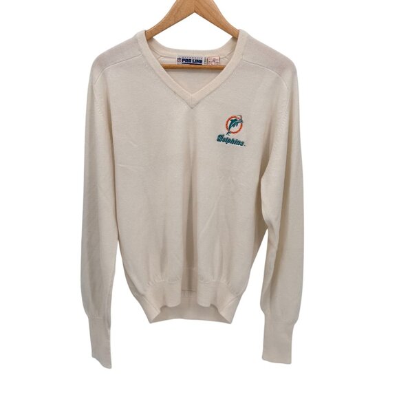 Vintage NFL Pro Line‎ Miami Dolphins V-Neck Sweater Mens Large White Acrylic - Picture 1 of 6